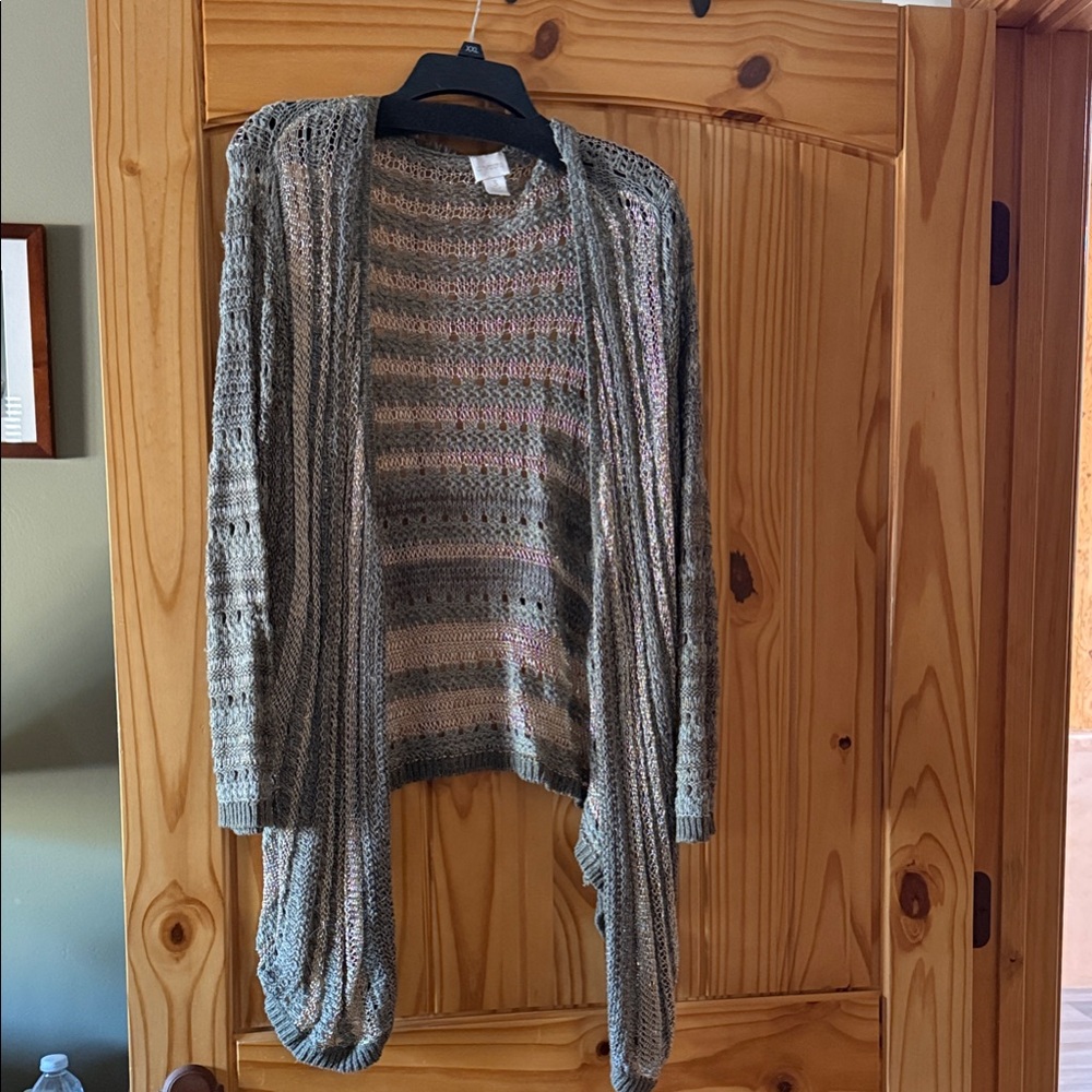 Chico's Striped Gray and Gold Cardigan